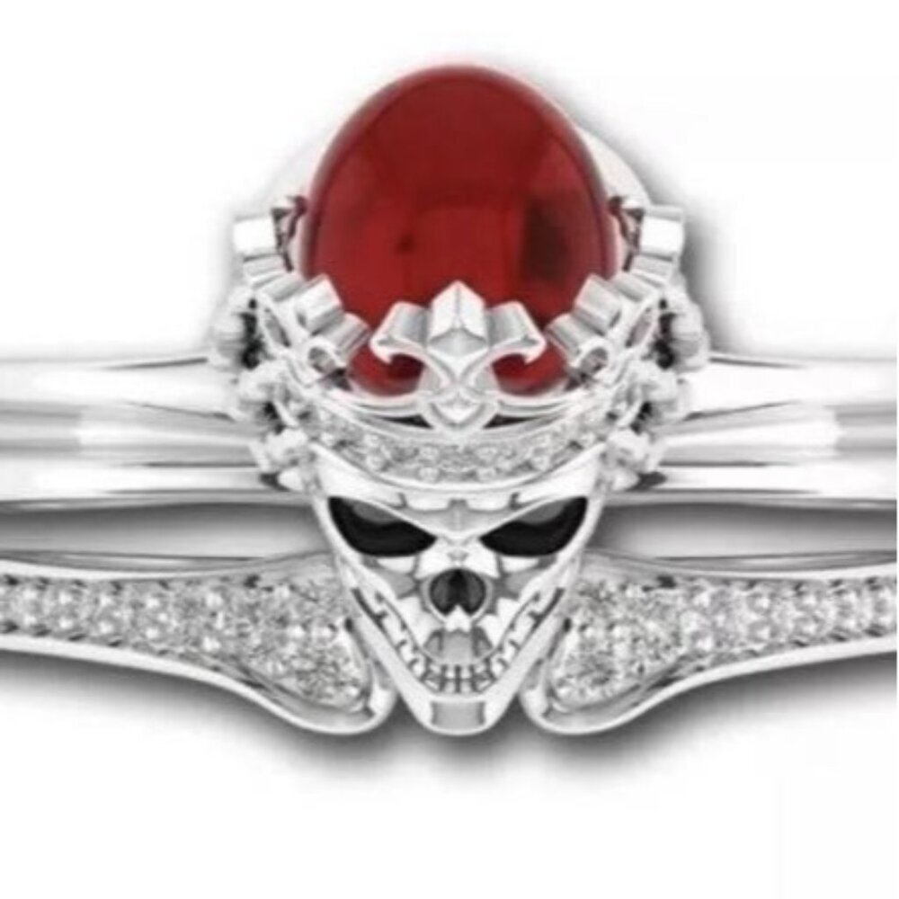 Skull Ring Women's Size 9 White Gold Filled Red Zircon Stone Sliver Tone